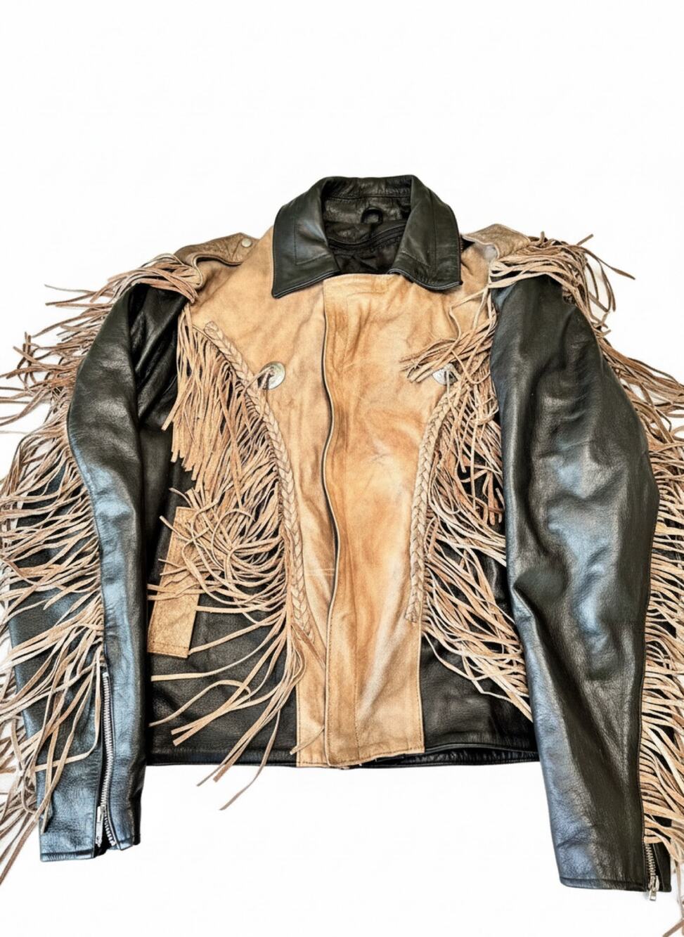 SHAF Leather Jacket 50 Black Tan Fringe Western Biker Motorcycle Rodeo Concho